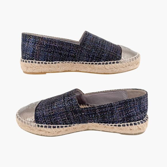 Chanel CC Cap Toe Espadrilles EU 39 US 8-8.5 Navy Metallic Tweed Slip On Flat - Picture 9 of 12